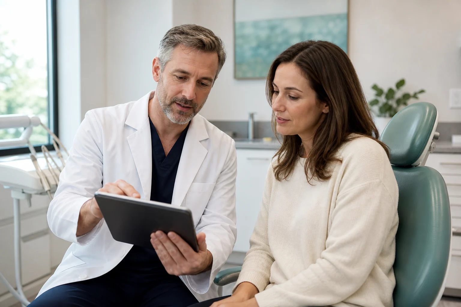 Dentist reviewing treatment options with a patient in a modern dental clinic