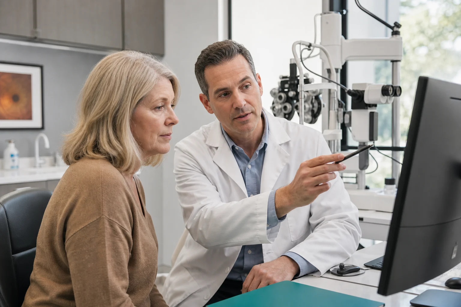 Ophthalmologist explaining diagnostic information to a patient in an eye clinic