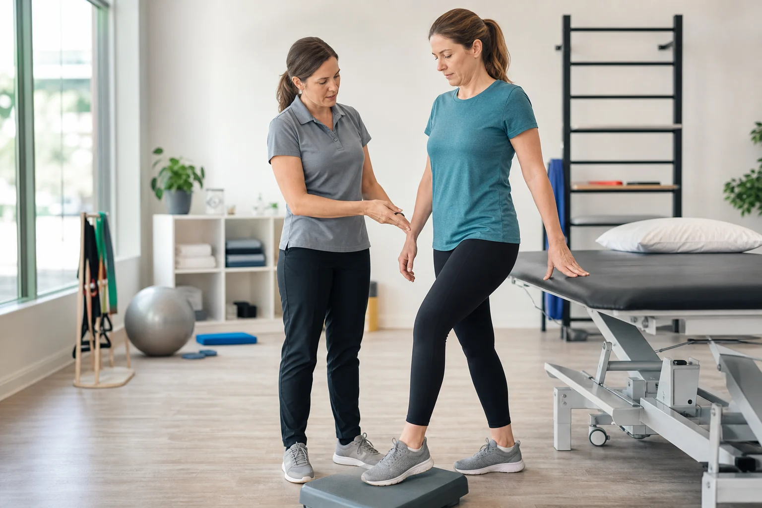 Physical therapist guiding a patient through a controlled mobility exercise