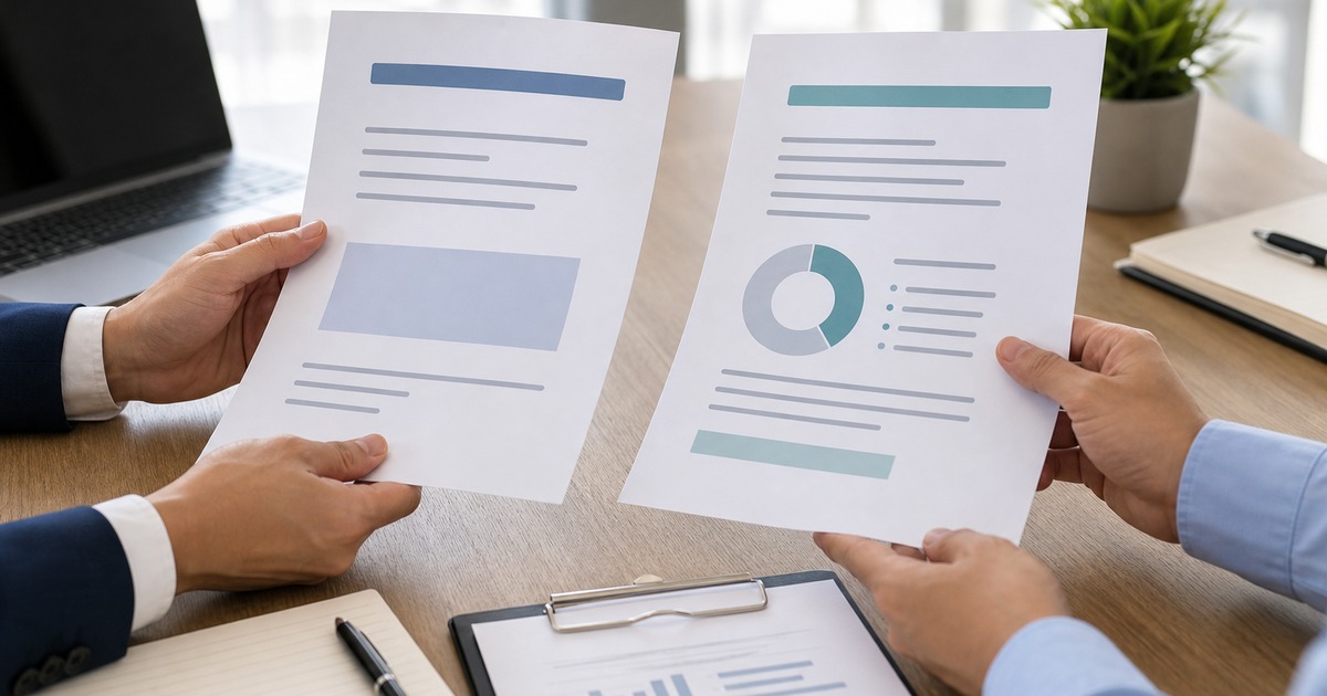 Two hands across a table negotiating a flat-rate invoice vs a percentage-based contract