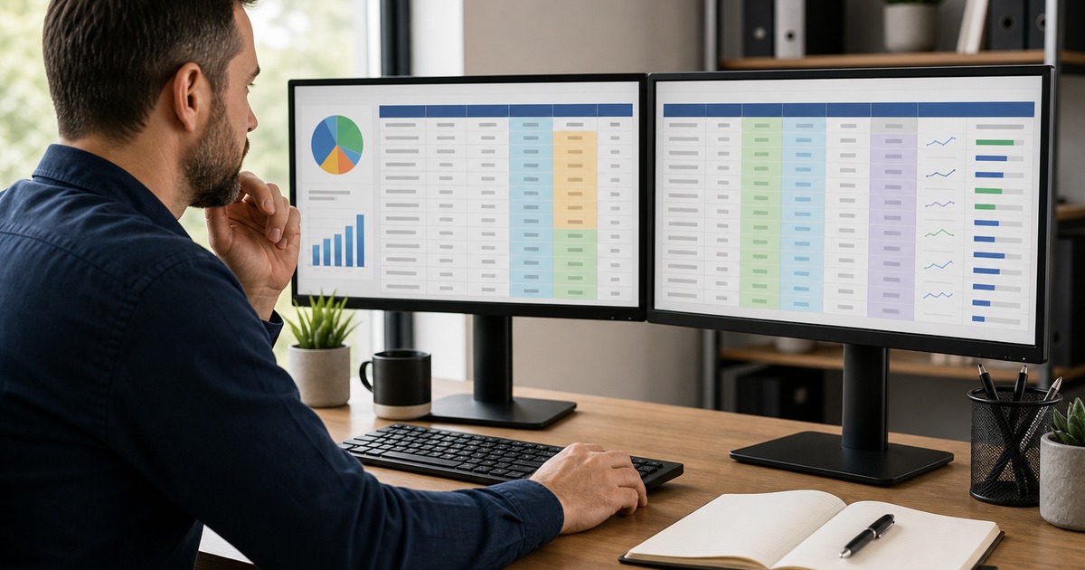 Business owner reviewing a performance spreadsheet with cost-per-lead and booking rate columns