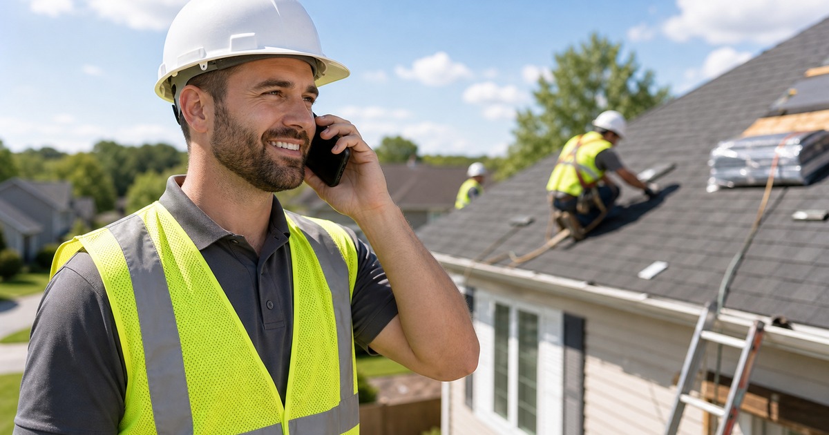 Roofing contractor on a job site answering a phone call