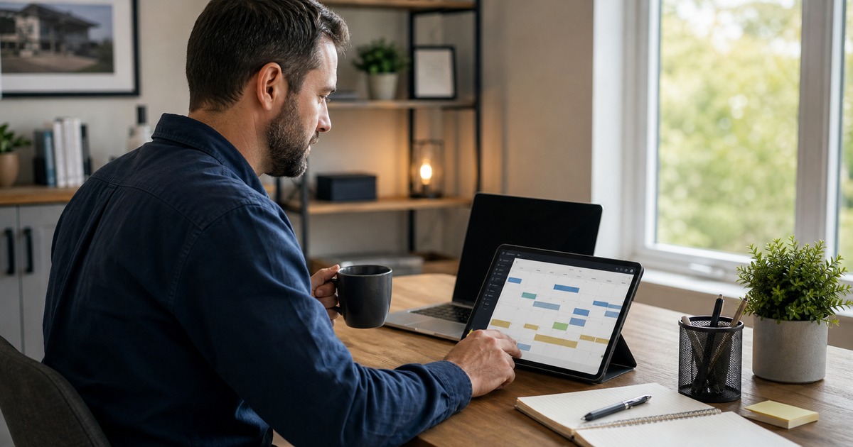 Contractor reviewing appointments calendar at a desk