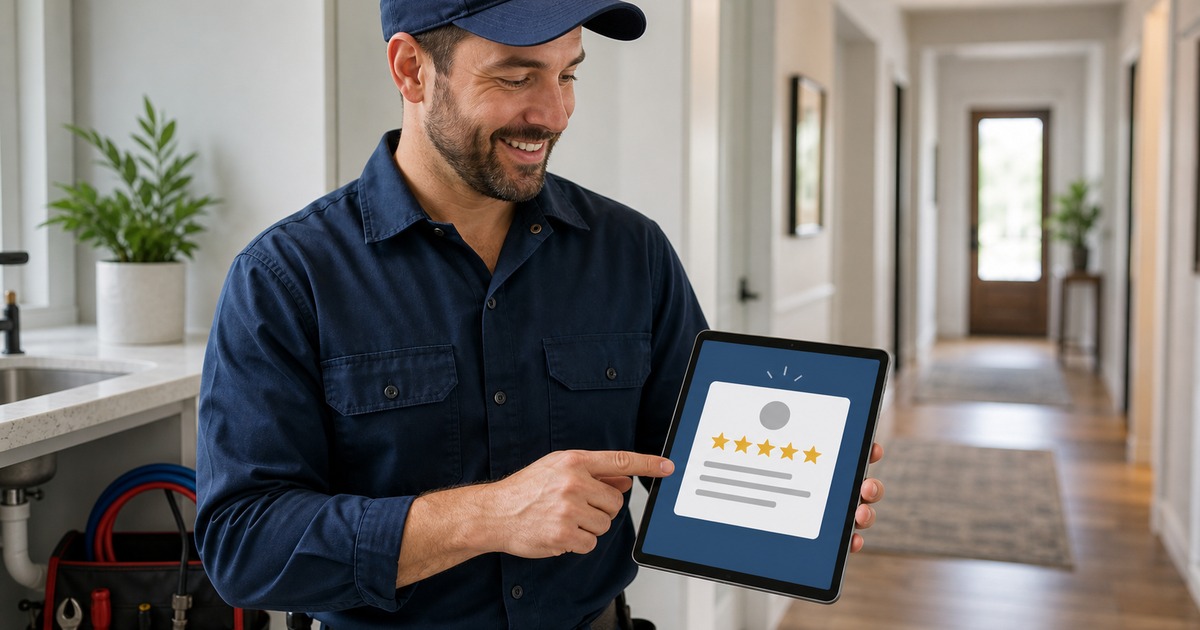 Plumber in uniform looking at a tablet showing a 5-star Google review notification