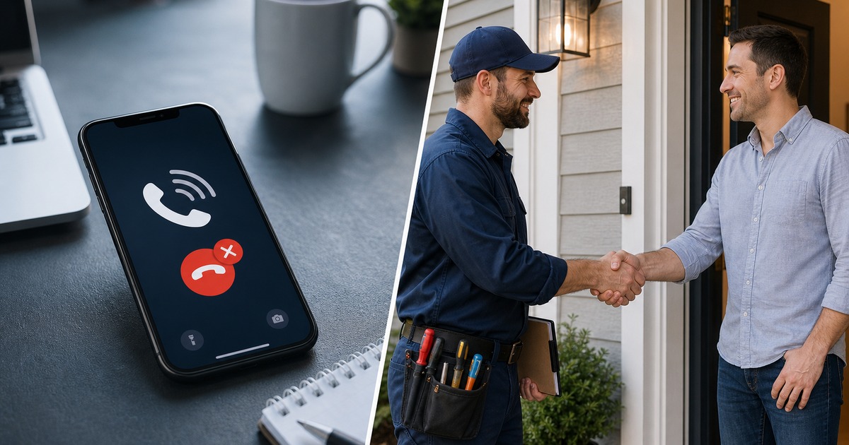 Missed call notification on phone next to contractor shaking hands with homeowner