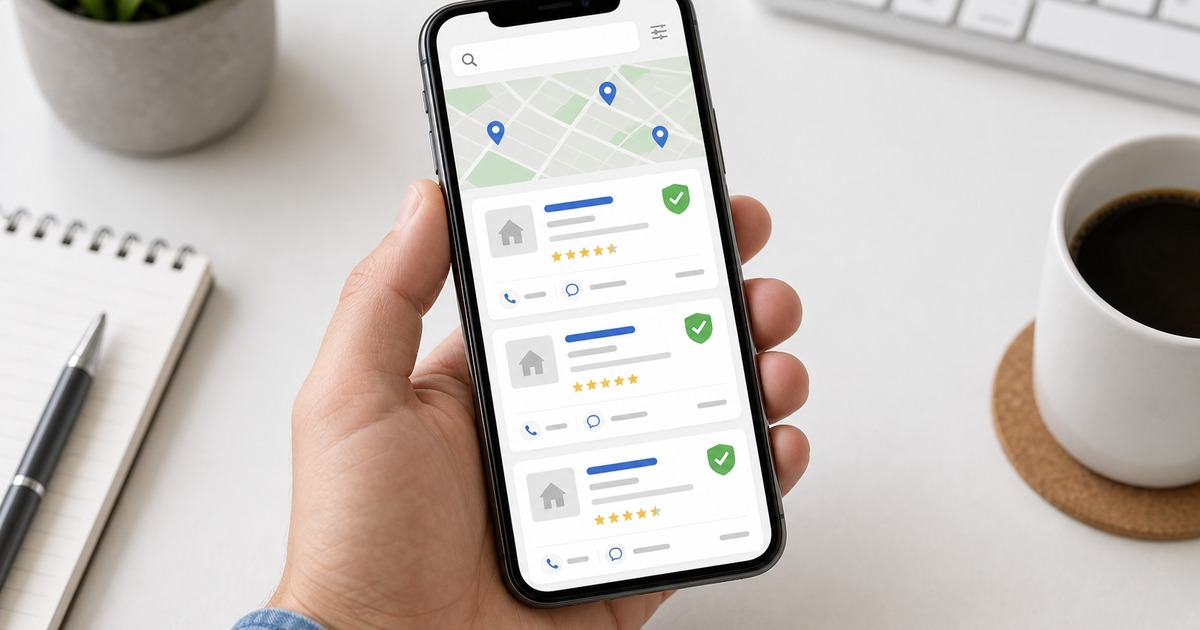 Smartphone showing Google Local Services Ads results with verified badge listings