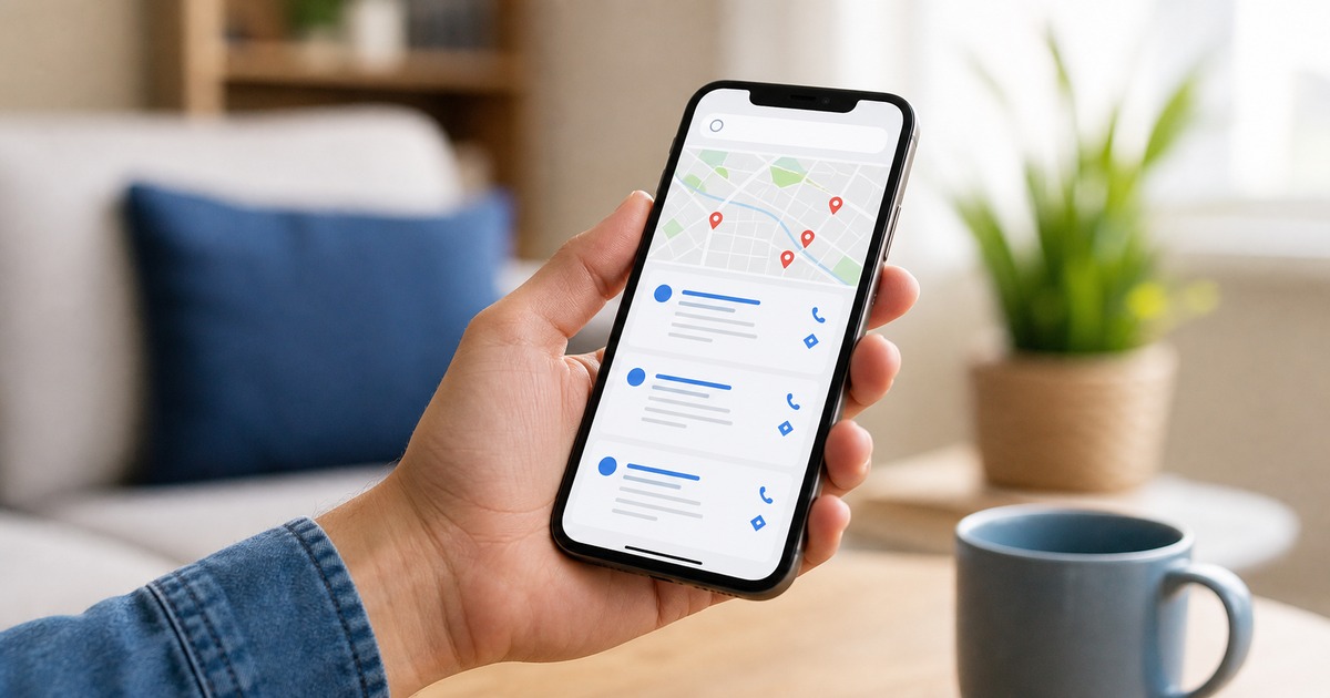 Smartphone showing Google search results for plumber near me with local ads