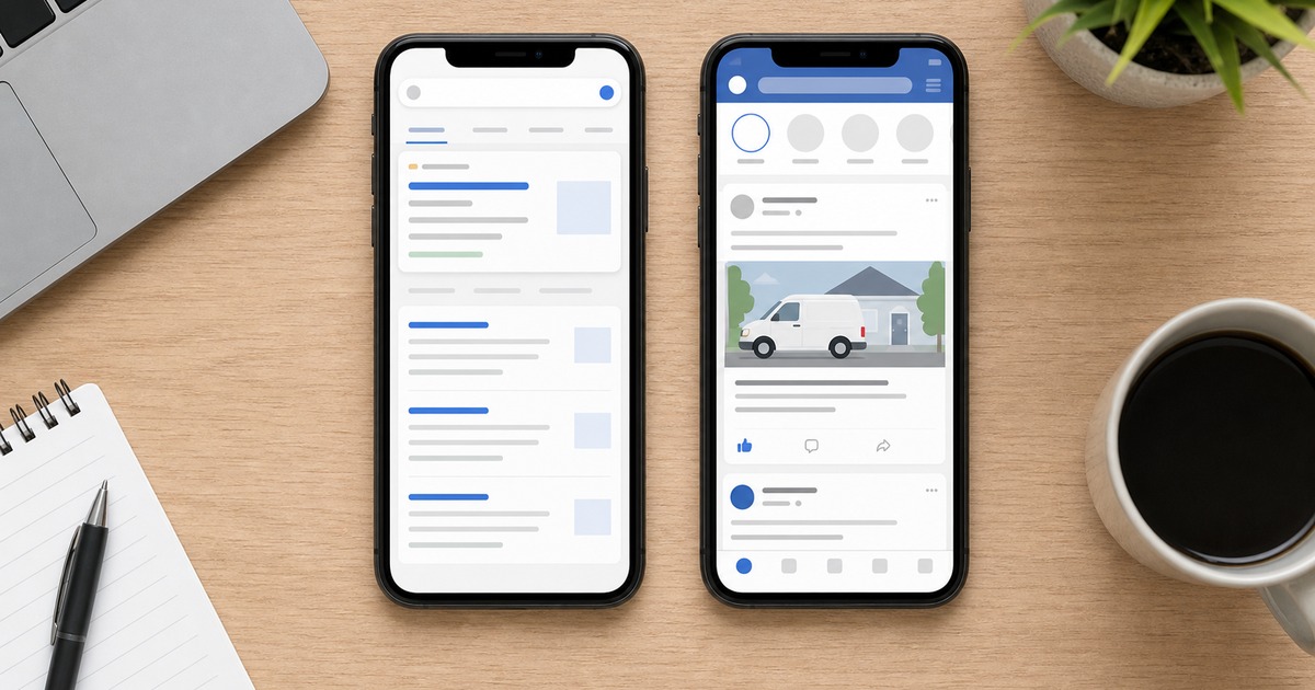 Two smartphones showing Google search ads and a Facebook feed ad side by side