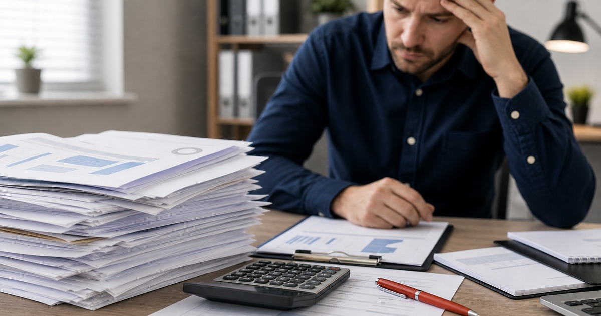 Stack of invoices and billing statements on a desk with a calculator and red pen