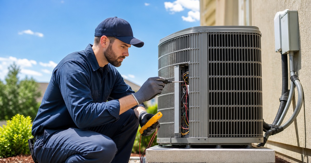 HVAC technician inspecting an outdoor AC unit on a residential property
