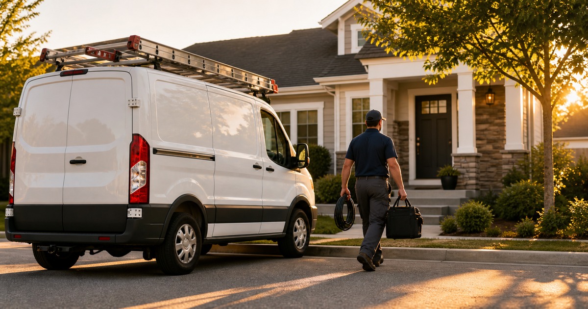 HVAC service van parked outside a suburban home
