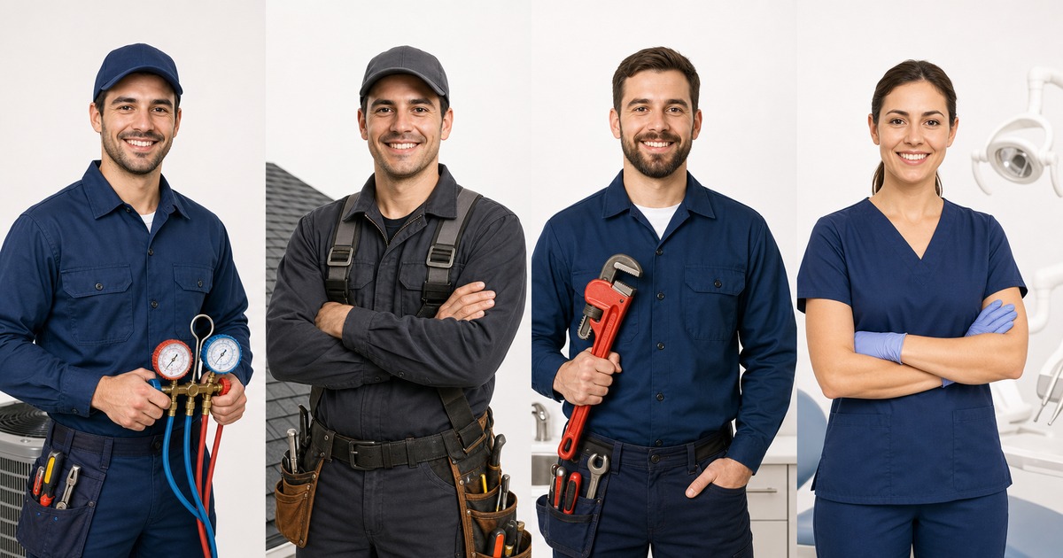Local service workers including HVAC technician, roofer, plumber, and dentist